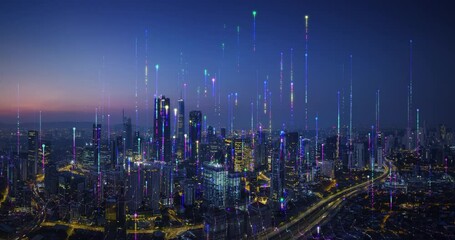 Smart city at night slowly generating data visualizations - Powered by Adobe