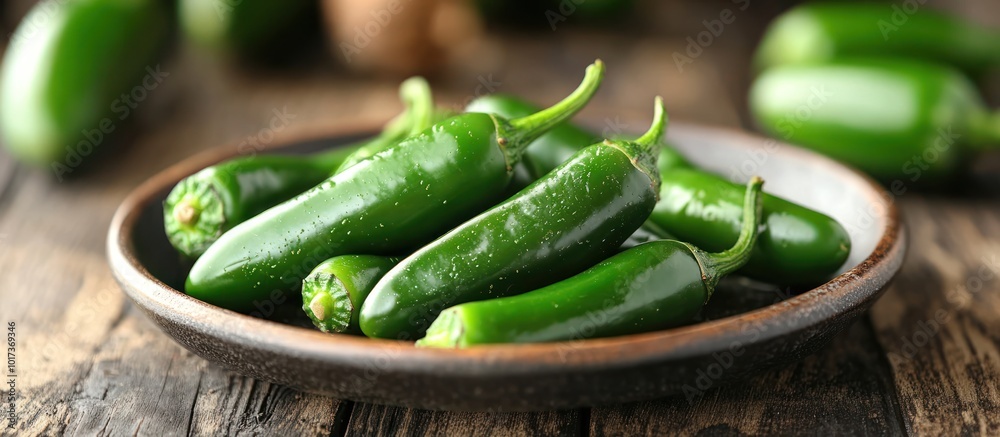 Wall mural A plate full of green jalapeno peppers on a rustic wooden table.