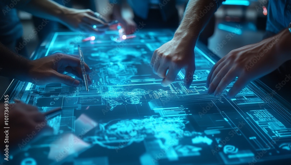 Aufkleber close up of hands interacting with a glowing blue interactive screen.