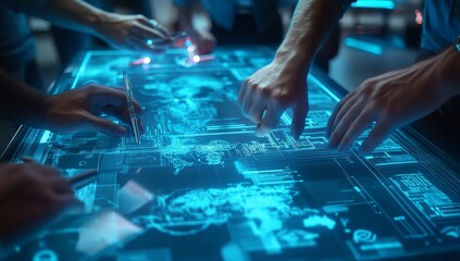 Close up of hands interacting with a glowing blue interactive screen.