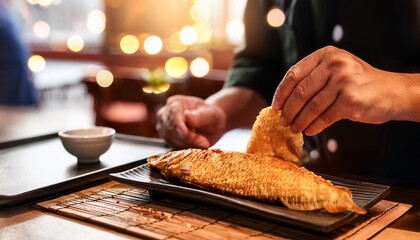 Faceless man eat Taiyaki in restaurant with bokeh background. Japanese Food.