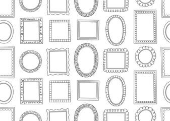 Doodle frames pattern. Black frames collection seamless pattern. Frames pattern on white background. Coloring page of empty pictures frames.
