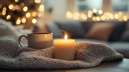 A Cozy Scene with a Lit Candle, a Mug of Tea, and a Knit Blanket