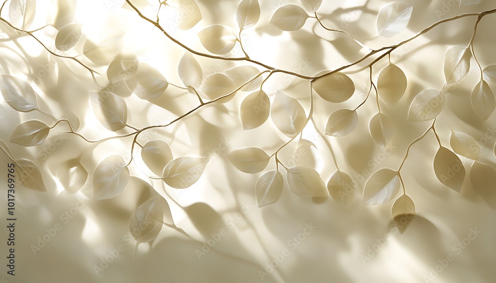 Poster a delicate arrangement of pale leaves illuminated softly, creating an ethereal and tranquil atmosphe