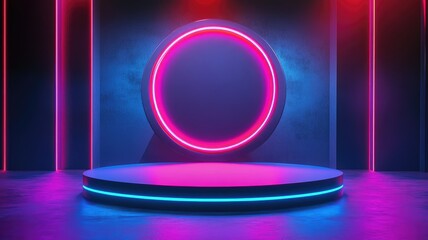 Circular Neon Light Display with Platform in a Dark Room