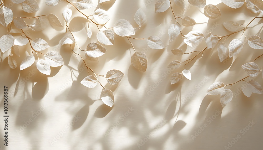 Aufkleber delicate white leaves cast soft shadows on a light beige background, creating an elegant and serene 