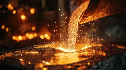 A close-up of molten iron being poured from a massive crucible into molds, with sparks flying and intense heat radiating from the glowing, liquid metal, illuminating the dark industrial foundry.