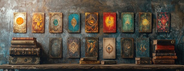 colorful tarot on the wall, mystical elegant elements