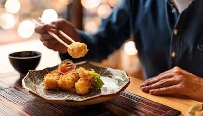 Faceless man eat Tempura in restaurant with bokeh background. Japanese Food.