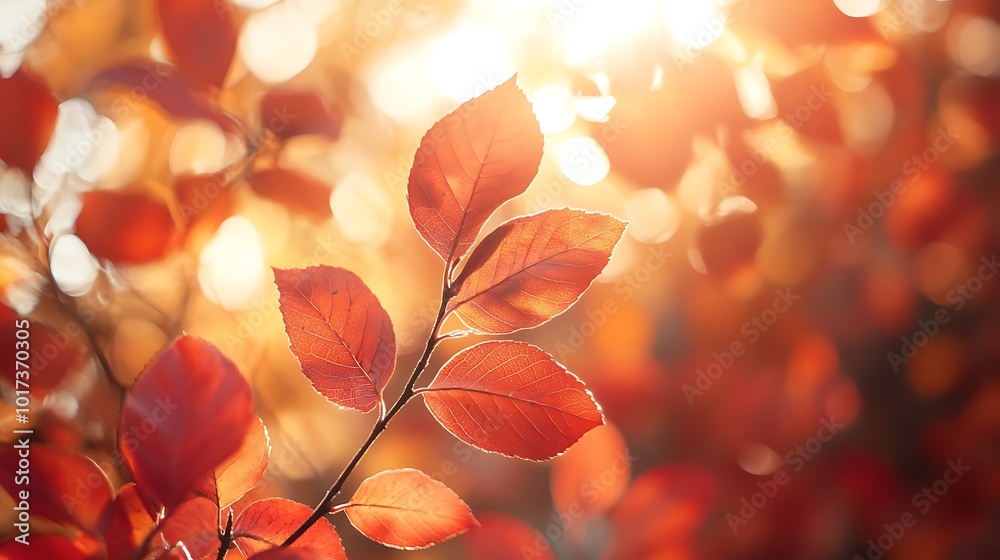 Poster A close-up of vibrant autumn leaves illuminated by soft sunlight, creating a warm and inviting atmosphere.