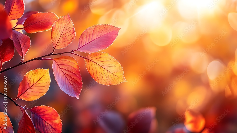 Poster a vibrant close-up of autumn leaves in warm hues, illuminated by soft sunlight, creating a serene an