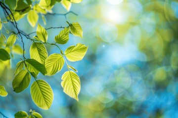 A tree branch with green leaves is shown in a bright blue sky, generative ai image