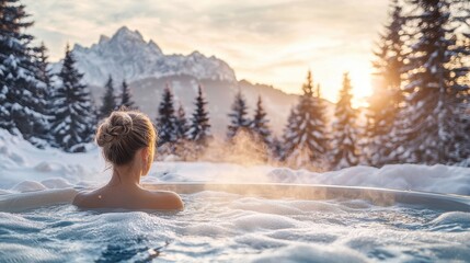 A serene winter spa experience with a woman relaxing in a hot tub, surrounded by snow-covered trees and majestic mountains.
