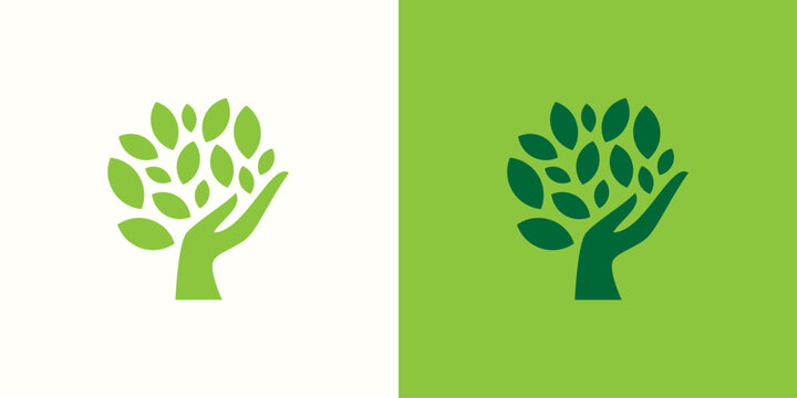 hand tree logo vector illustration, care plant logo template