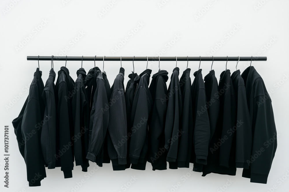 Wall mural A row of black jackets hanging on a rack