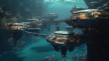 A colony of floating habitats on a waterworld planet, interconnected by sleek bridges, where settlers harvest energy from the waves and explore the depths of the alien ocean.