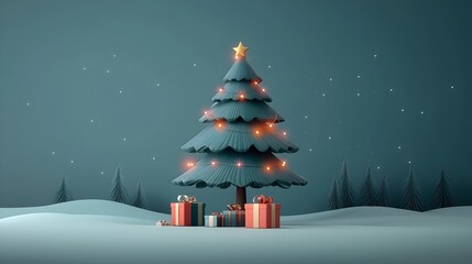 Elegant and modern flat design of a Christmas tree decorated with twinkling lights wrapped gift boxes and a cozy festive atmosphere  This image is perfect for holiday themed designs greeting cards