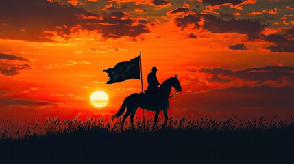 Naklejka premium Silhouette of a Horseman Holding a Flag Against a Vibrant Sunset Sky with Dramatic Clouds