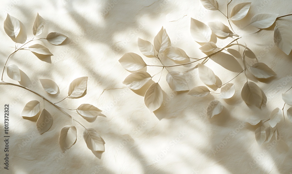 Fototapete a serene composition of delicate leaves cast in soft shadows, creating an ethereal and calming atmos