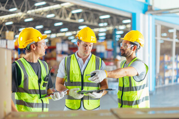 Three warehouse workers using a digital tablet while recording inventory. Logistics employees working with warehouse management software in a large distribution centre.