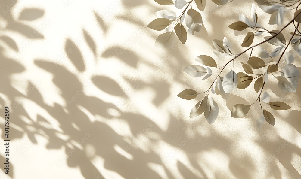 Poster soft shadows of leaves cast on a light-colored wall, creating an elegant interplay of nature and spa