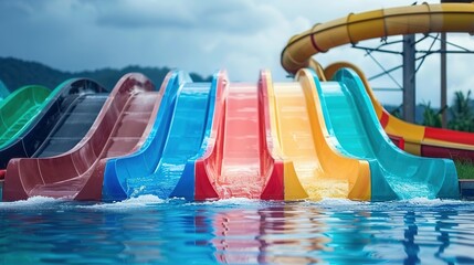 Vibrant Water Slides: A Colorful Set in an Outdoor Aquapark