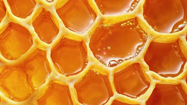 Honeycomb texture with honey in the center. Video footage for advertisement, campaign World Honey Bee Day.