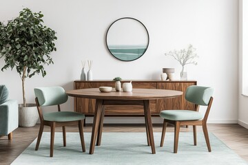 A light and airy dining room with a wooden table and chairs, a rug, a sideboard, and a round framed painting.