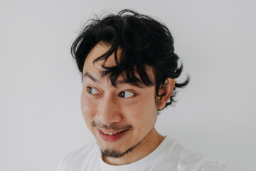 Obraz premium Happy smile face Asian man taking selfie of himself isolate on white background.