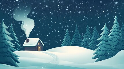Naklejka premium A Cozy Cabin Nestled in a Snowy Forest at Night