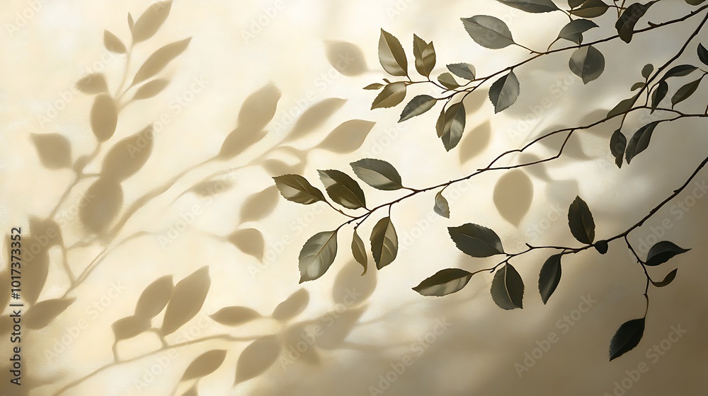 Poster A serene display of leaves casting intricate shadows on a soft background, creating a peaceful and natural atmosphere.