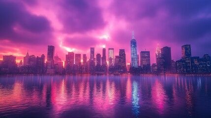 Fototapeta premium New York city from the water with a purple sky and all the lights