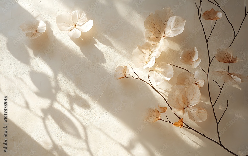 Poster A delicate arrangement of light-colored petals and branches casting soft shadows on a textured background, evoking tranquility and nature's beauty.