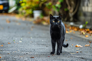 Black cat is walking on a road