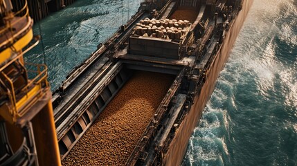 Detailed view of iron ore pellets being loaded onto a cargo ship, with a conveyor system moving thousands of small iron ore pellets into cargo bays on the ship in preparation for export.
