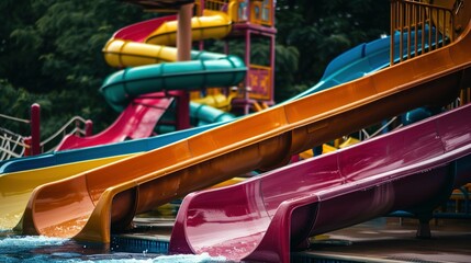 Splashing Good Time: Colorful Water Slides in an Outdoor Aquapark Setting