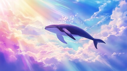 A whale is flying in the sky. The background is thesky with clouds and rays shining through them,featuring blue and purple colours in a fantasticaanime-inspired style