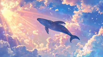Fototapeta premium A whale is flying in the sky. The background is thesky with clouds and rays shining through them,featuring blue and purple colours in a fantasticaanime-inspired style