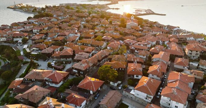 Aerial drone view of the old town Nessebar, Bulgaria at sunset