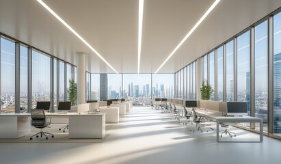 Fototapeta premium Modern office space with floor-to-ceiling windows overlooking a city skyline.