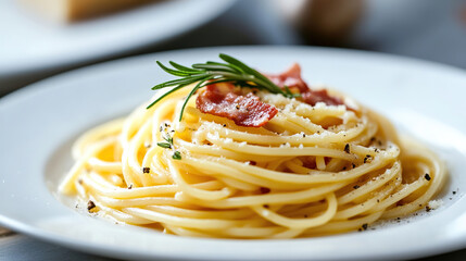 Photo of spaghetti carbonara on a white plate.