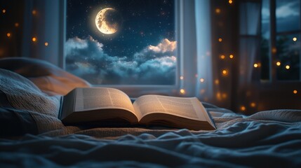 Obraz premium An open book lies on a bed with a night sky view through the win
