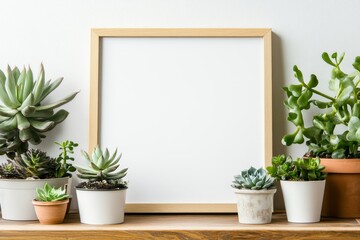 Blank wooden frame on a shelf with various succulents in pots.
