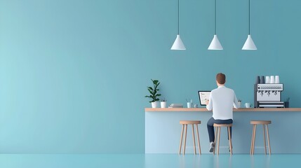 Businessman working on market data analysis and financial planning in a casual coffee shop setting with a complementary color scheme and watercolor style