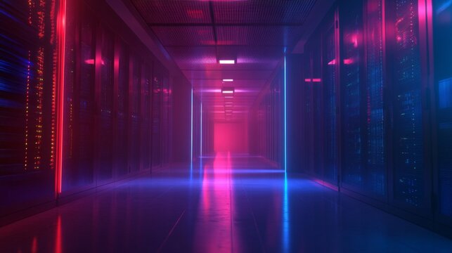 A long, narrow corridor with rows of servers illuminated in neon red and blue lighting.