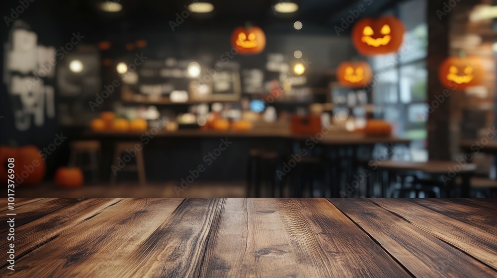 Sticker Empty wood table with blurred coffee shop interior decorated for Halloween theme