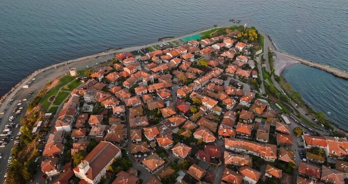 Aerial drone view of the old town Nessebar, Bulgaria at sunset