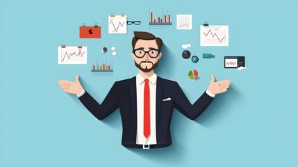 Businessman standing amidst a dynamic display of market graphs financial data visualizations and abstract geometric patterns in a triadic color scheme