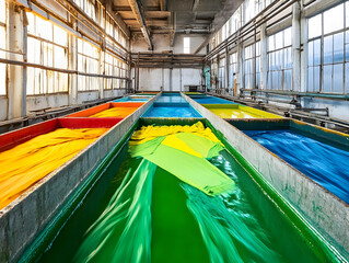 Fototapeta premium Inside a steel-framed greenhouse, bathed in sunlight streaming through glass panels, a train glides through a city's interior, its tracks elevated above a bustling urban landscape