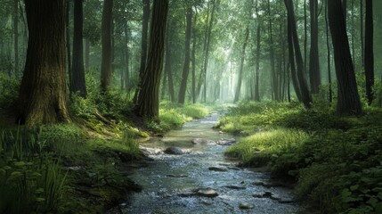 Obraz premium A misty forest path with a stream flowing through it.